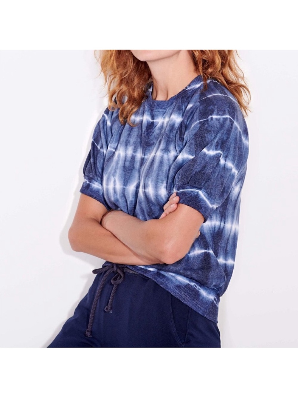 Sundry Blue Tie Dye Puff Sleeve Crewneck Top